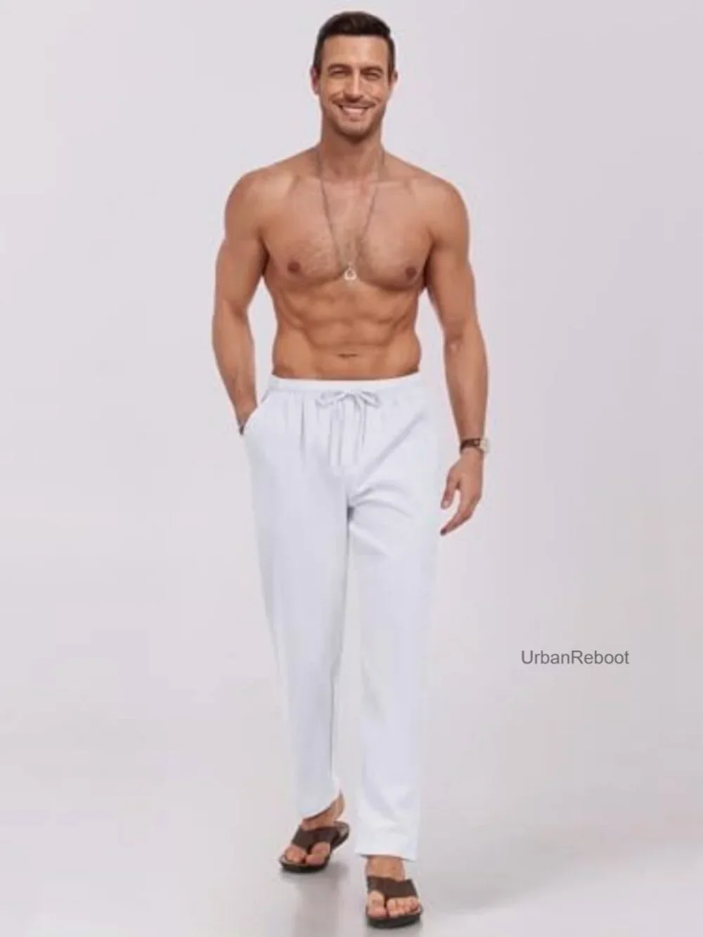 Men's Cotton Linen Casual Pants Elastic Waist Drawstring Lightweight Breathable